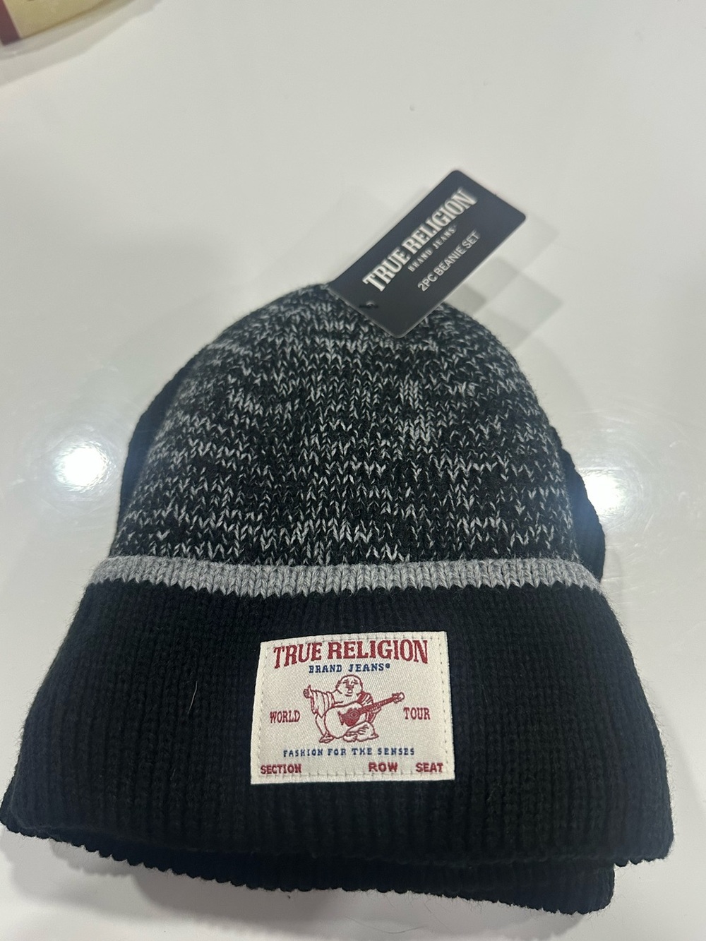 True Religion Black and Gray Marled Knit Beanie with Logo Patch